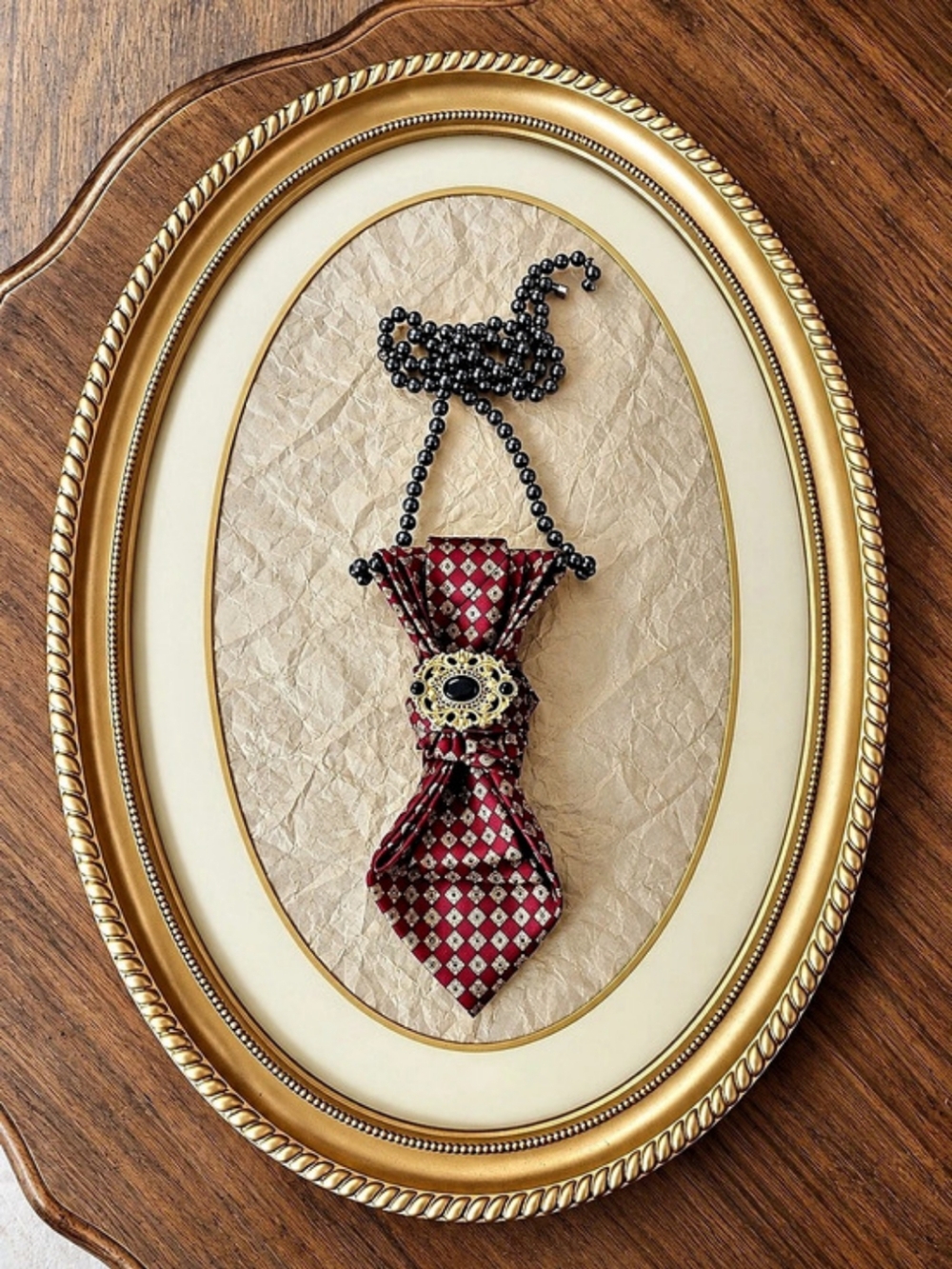 René Chagal Handmade Silk Brooch Necklace in Red & Gold